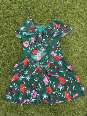 C/MEO Collective Green Floral Ruffle Sundress with Pink & Red Accents